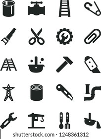 Solid Black Vector Icon Set - scissors vector, clip, open pin, iron fork spoons, crane, hand saw, stepladder, ladder, gear, knife, stationery, hammer, tin, valve, water pipes, power line, metallurgy