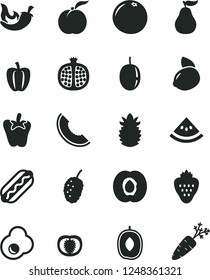 Solid Black Vector Icon Set - Hot Dog vector, chili, peper, fried egg, strawberry, ripe peach, half apricot, pomegranate, tasty mulberry, slice of melon, delicious plum, passion fruit, yellow lemon