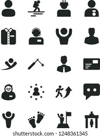 Solid Black Vector Icon Set - footprints vector, employee, pass card, operator, folded shirt, builder, welding, woman, man, think, scientist, winner, arrow up, with medal, flag, hands, stars around