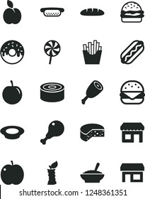 Solid Black Vector Icon Set - cheese vector, loaf, canned goods, Hot Dog, mini, big burger, glazed cake with a hole, bowl of buckwheat porridge, plate milk, chicken leg, thigh, lollipop, apple, stub