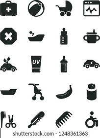 Solid Black Vector Icon Set - mark of injury vector, mug for feeding, bottle, measuring, powder, baby stroller, sitting, mercury thermometer, bath ball, children's bathroom, accessories a hairstyle