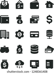 Solid Black Vector Icon Set - purse vector, buildings, big data server, cards, reverse side of a bank card, column coins, denomination the dollar, wallet, money, bag hand, rain, mortgage, gear, mail