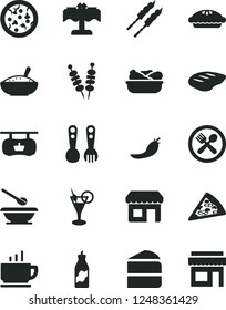 Solid Black Vector Icon Set - plates and spoons vector, plastic fork, coffee, fried vegetables on sticks, pizza, piece of, cake, pie, a bowl rice porridge, lettuce in plate, chop, barbecue, liquor