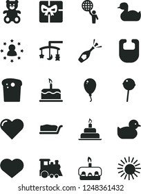 Solid Black Vector Icon Set - heart symbol vector, toys over the cradle, bib, rubber duck, baby duckling, teddy bear, children's train, balloon, birthday cake, Easter, slice, torte, Chupa Chups, sun