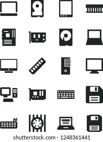 Solid Black Vector Icon Set - floppy disk vector, laptop, monitor, screen, computer, tablet pc, notebook, radiator fan, keyboard, tower, motherboard, memory, card, hdd