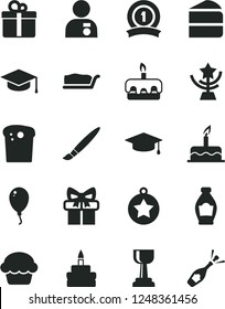 Solid Black Vector Icon Set - tassel vector, balloon, cake, gift, square academic hat, Easter, piece of, slice, torte, birthday, bottle, gold cup, star, man with medal, graduate, ribbon, champagne