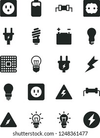 Solid Black Vector Icon Set - danger of electricity vector, saving light bulb, power socket type b, f, lightning, charge level, accumulator, plug, electric, processor, resistor