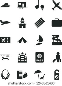 Solid Black Vector Icon Set - passport vector, sand castle, plane, camper, passenger, suitcase, ticket, hotel, tent, beach, arnchair under umbrella, hawaii wreath, aquapark, golf, yacht, windsurfing