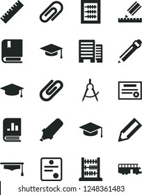 Solid Black Vector Icon Set - clip vector, graphite pencil, yardstick, new abacus, e, buildings, drawing, square academic hat, scribed compasses, text highlighter, book on statistics, graduate, bus