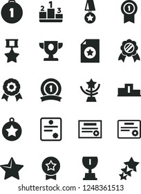 Solid Black Vector Icon Set - star vector, pedestal, medal, patente, prize, award, cup, first place, with pennant, ribbon, hero, certificate, three stars