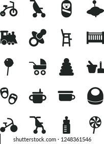 Solid Black Vector Icon Set - baby cot vector, dummy, mug for feeding, bottle, bib, carriage, summer stroller, sitting, stacking rings, roly poly doll, toy sand set, children's potty, a chair child