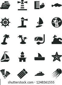 Solid Black Vector Icon Set - small fish vector, lighthouse, coastal, planet, sand castle, sail boat, hotel, palm tree, starfish, flippers, diving mask, surfing, handwheel, cruiser, shark fin, yacht