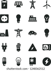 Solid Black Vector Icon Set - saving light bulb vector, charging battery, windmill, hydroelectric station, power line, pole, electric plug, socket, thermal plant, mercury, transport, pc supply