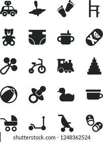 Solid Black Vector Icon Set - dummy vector, mug for feeding, nappy, baby rattle, carriage, summer stroller, rubber duck, bath ball, stacking toy, motor vehicle present, tumbler, children's potty