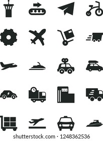 Solid Black Vector Icon Set - truck lorry vector, cargo trolley, paper airplane, motor vehicle present, child bicycle, car, delivery, shipment, modern gas station, production conveyor, urgent, plane