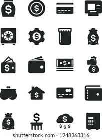 Solid Black Vector Icon Set - bank card vector, purse, strongbox, jam, front of the, wallet, money, dollars, cash, bag hand, rain, dollar coin, mortgage, column, gear, atm, safe