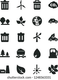 Solid Black Vector Icon Set - bin vector, dust, drop, leaves, leaf, gas station, windmill, wind energy, trees, forest, thermal power plant, eco car, electric transport, carbon dyoxide, planet, trash