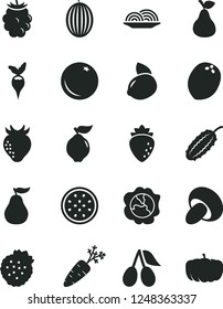 Solid Black Vector Icon Set - onion vector, porcini, strawberries, pear, orange, squash, quince, raspberry, strawberry, cornels, blackberry, melon, yellow lemon, half of passion fruit, coconut