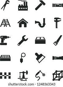 Solid Black Vector Icon Set - house vector, adjustable wrench, cordless drill, arm saw, ladder, sewerage, construction level, building, ceramic tiles, brick, block, plummet, putty knife, hammer