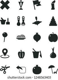 Solid Black Vector Icon Set - cross vector, stacking toy, sand set, children's, plastic fork spoons, small yule, flag, move left, onion, Chupa Chups, apple, pomegranate, medlar, stub, Bell pepper