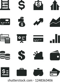 Solid Black Vector Icon Set - bank card vector, growth up, dollar, line chart, abacus, calculation, front of the, coins, bar, denomination, article on, wallet, purse, cashbox, financial report, mail