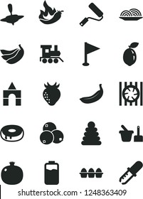 Solid Black Vector Icon Set - pennant vector, stacking rings, toy sand set, baby train, small yule, box of bricks, new roller, bundle eggs, onion, cake with a hole, pomegranate, strawberry, banana