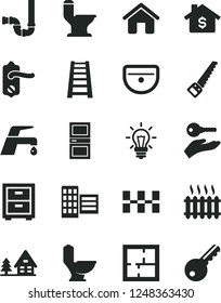Solid Black Vector Icon Set - bedside table vector, house, arm saw, stepladder, sink, toilet, comfortable, siphon, laying out, door knob, interroom, city block, ceramic tiles, faucet mixer, with key