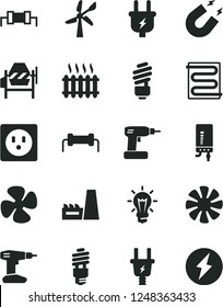 Solid Black Vector Icon Set - concrete mixer vector, cordless drill, saving light bulb, heating coil, electronic boiler, fan screw, wind energy, plug, electric, socket, thermal power plant, magnet