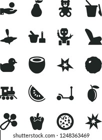 Solid Black Vector Icon Set - baby rattle vector, car child seat, duckling, toy sand set, children's, teddy bear, train, small yule, Kick scooter, pizza, cabbage, peper, slice of water melon, lemon