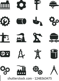 Solid Black Vector Icon Set - gears vector, cogwheel, helmet, gear, factory, hydroelectricity, power line, industrial building, tower crane, pipe, pipes, robot welder, calipers, steel production