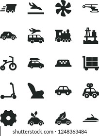 Solid Black Vector Icon Set - truck lorry vector, cargo trolley, car child seat, motor vehicle, present, bicycle, Kick scooter, sea port, marine propeller, eco, environmentally friendly transport