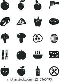 Solid Black Vector Icon Set - measuring bottle for feeding vector, iron fork spoons, piece of cheese, pizza, noodles, mushroom, hot porridge, meat, peper, sushi, omelette, apple, quince, red, tasty