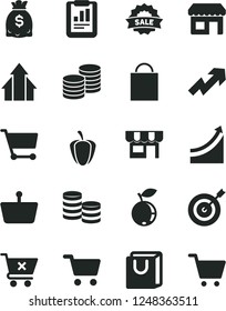Solid Black Vector Icon Set - paper bag vector, growth up, crossed cart, with handles, kiosk, coins, blueberry, ripe pepper, shopping, basket, statistical report, dollars, sale, graph, arrows