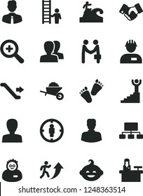Solid Black Vector Icon Set - zoom vector, woman, women, funny hairdo, children's tracks, workman, garden trolley, employee, goal, scheme, handclasp, scientist, man arrow up, winner stairway