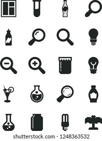 Solid Black Vector Icon Set - magnifier vector, zoom, out, window, bulb, bottle of soda, jam, liquor, round flask, mercury light, jar, test tube, cocktail, restaurant