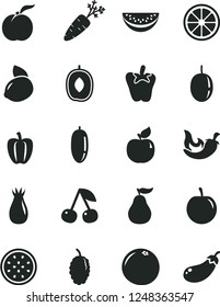 Solid Black Vector Icon Set - chili vector, peper, cherry, ripe peach, apricot, rose hip, mulberry, delicious plum, water melon slice, date fruit, tasty, passion, yellow lemon, juicy, half of, guava