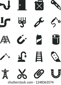 Solid Black Vector Icon Set - scissors vector, winch hook, stepladder, ladder, sewerage, ntrance door, knife, stationery, kitchen faucet, clip, soda can, water pipes, power line, canister, magnet