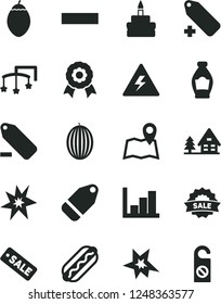 Solid Black Vector Icon Set - danger of electricity vector, minus, add label, remove, negative histogram, toys over the cot, Hot Dog, birthday cake, bottle, melon, tamarillo, season sale, medal, map