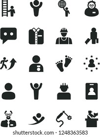 Solid Black Vector Icon Set - footprints vector, builder, folded shirt, gas welding, man, think, scientist, winner, arrow up, hold world, hands, with medal, ladder, stars around, flying, passenger