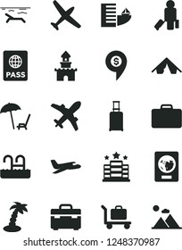 Solid Black Vector Icon Set - suitcase vector, passport, sand castle, dollar pin, plane, passenger, rolling, hotel, tent, beach, arnchair under umbrella, palm tree, pool, baggage, mountains