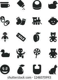 Solid Black Vector Icon Set - baby powder vector, bib, rubber duck, duckling, warm socks, children's potty, teddy bear, small, hairdo, toy train, child shoes, lollipop, pear, ripe plum, season sale