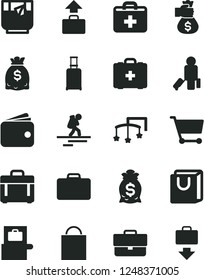 Solid Black Vector Icon Set - briefcase vector, paper bag, first aid kit, toys over the cot, medical, case, with handles, a glass of tea, cart, wallet, dollars, money hand, backpacker, passenger