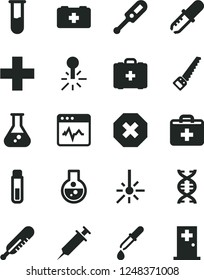 Solid Black Vector Icon Set - mark of injury vector, first aid kit, plus, electronic thermometer e, mercury, bag a paramedic, medical, arm saw, cardiogram, outdoor, flask, test tube, dna, pipette