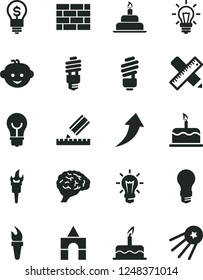 Solid Black Vector Icon Set - children's hairdo vector, box of bricks, cake, birthday, brickwork, saving light bulb, writing accessories, drawing, energy, brain, flame torch, arrow up, idea