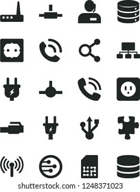 Solid Black Vector Icon Set - Puzzle vector, power socket type b, f, big data, phone call, plug, electric, SIM, connections, scheme, dispatcher, usb, router, network, connect, lan connector