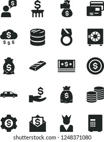 Solid Black Vector Icon Set - strongbox vector, cards, coins, column of, get a wage, dollars, cash, gold ring, bar, money bag hand, rain, dollar coin, gear, king, limousine, mail, dialog, safe