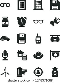 Solid Black Vector Icon Set - desktop microphone vector, floppy disk, hat, camera roll, new abacus, toy mobile phone, estimate, alarm clock, jar of jam, windmill, retro car, vintage sign, glasses