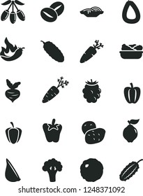 Solid Black Vector Icon Set - stick of sausage vector, slices onion, lettuce in a plate, cabbage, cucumber, pepper, garlic, carrot, coffee beans, quince, blackberry, goji berry, Bell pepper, ripe