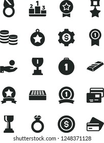 Solid Black Vector Icon Set - brick vector, cards, pedestal, coins, catch a coin, award, gold cup, star medal, first place, with pennant, ribbon, hero, diamond ring, bar, dollar, gear, credit card