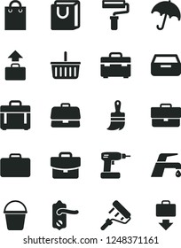 Solid Black Vector Icon Set - paint roller vector, briefcase, grocery basket, cordless drill, bucket, wooden brush, suitcase, door knob, faucet mixer, case, umbrella, drawer, bag with handles